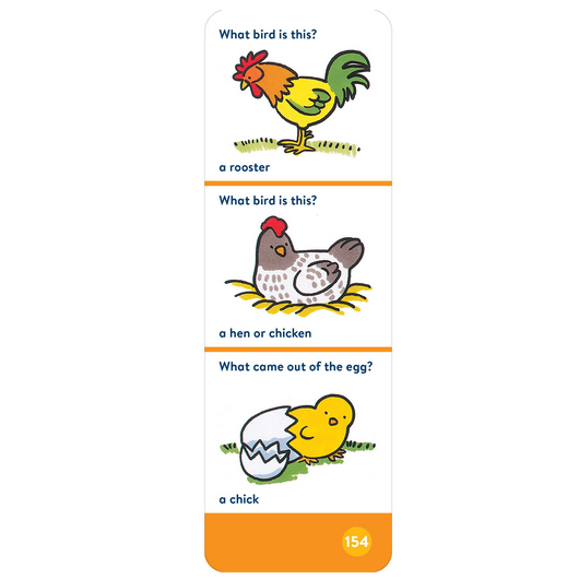Brain Quest: For Twos card showing colorful illustrations of a rooster, hen, and chick with simple questions for toddlers.