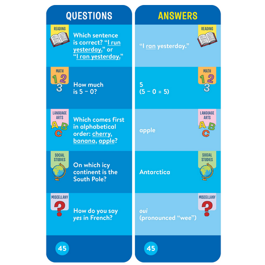 Brain Quest: Grade 1 question and answer cards covering reading, math, language arts, social studies, and French.