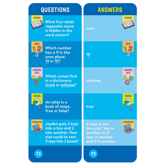 Brain Quest: Grade 1 question and answer cards covering reading, math, language arts, science, and technology topics.