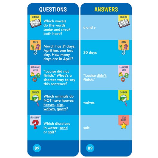 Brain Quest: Grade 1 question and answer cards covering reading, math, language arts, and science topics for ages 6-7.