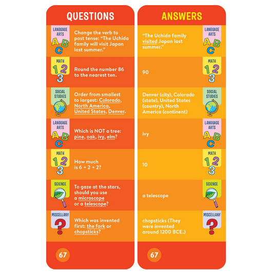 Brain Quest: Grade 2 question and answer cards covering language arts, math, social studies, science, and misc trivia.