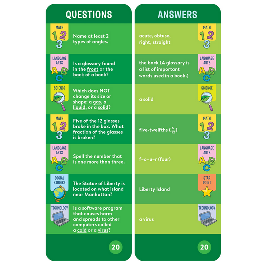 Brain Quest: Grade 3 question and answer cards covering math, language arts, science, social studies, and technology for ages 8-9.