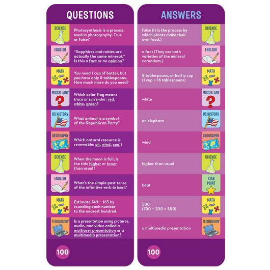 Brain Quest: Grade 4 question and answer cards featuring science, math, English, and history challenges for ages 9-10.