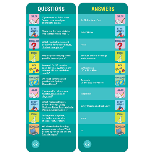 Brain Quest: Grade 5 question-and-answer cards covering subjects like history, science, math, and English for ages 10-11.