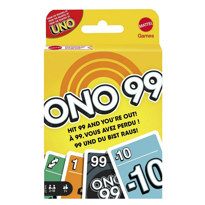 Ono 99 card game packaging showing colorful cards with numbers and symbols for a fast-paced family math game.