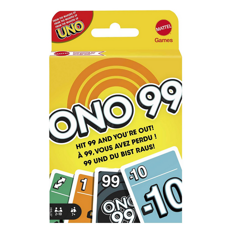 Ono 99 card game packaging showing colorful cards with numbers and symbols for a fast-paced family math game.
