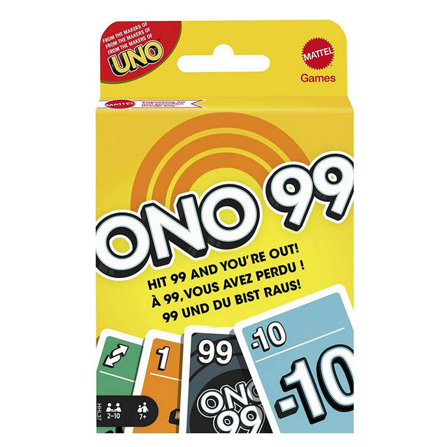 Ono 99 card game packaging showing colorful cards with numbers and symbols for a fast-paced family math game.