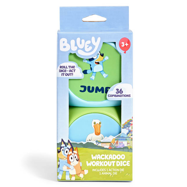 Bluey Wackadoo Workout Dice set with action and animal dice encouraging active play for kids 3 and up.