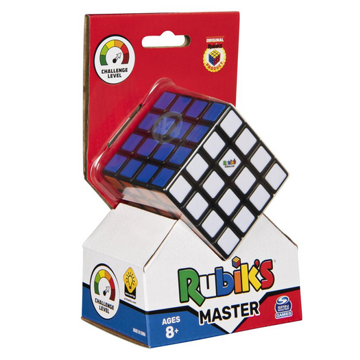Rubiks Cube 4x4 puzzle toy in packaging showing blue and white sides, designed for ages 8 and up, challenging brainteaser.