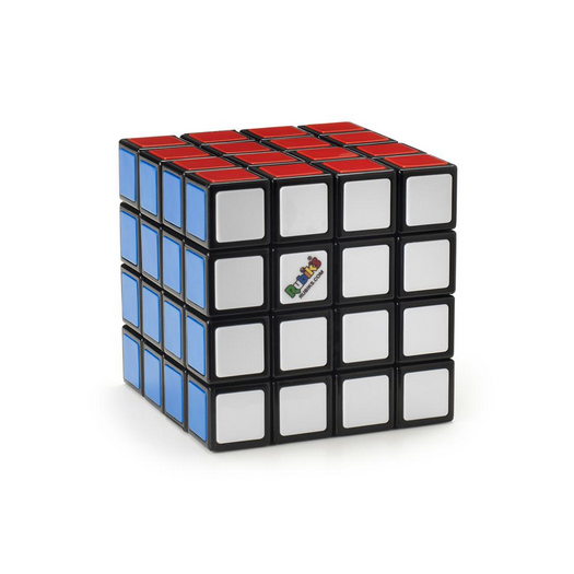 Rubiks Cube 4x4 showing a partially solved puzzle with red, white, and blue squares on a white background.