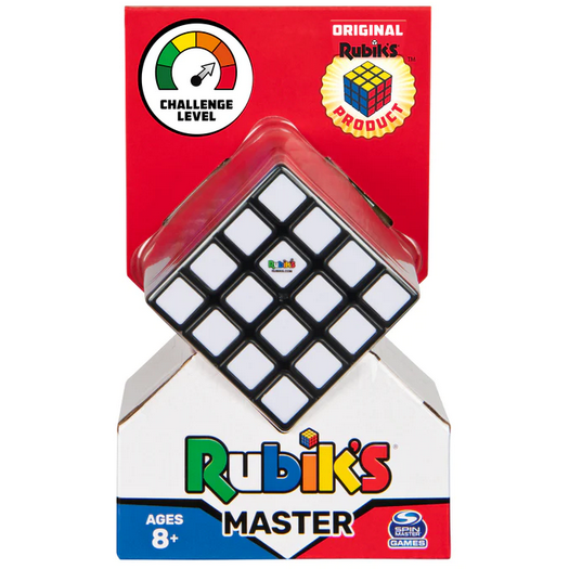 Rubiks Cube 4x4 in packaging showing white face, challenge level, and recommended age 8+.