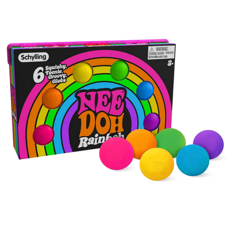 NeeDoh Teenie Rainboh colorful squishy balls set with six groovy rainbow colors for sensory and fidget fun.