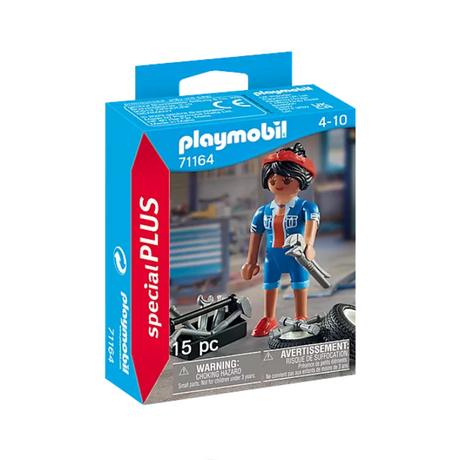 Special Plus | Mechanic figure with tools, tires, and toolbox for imaginative play by Playmobil in blue packaging.