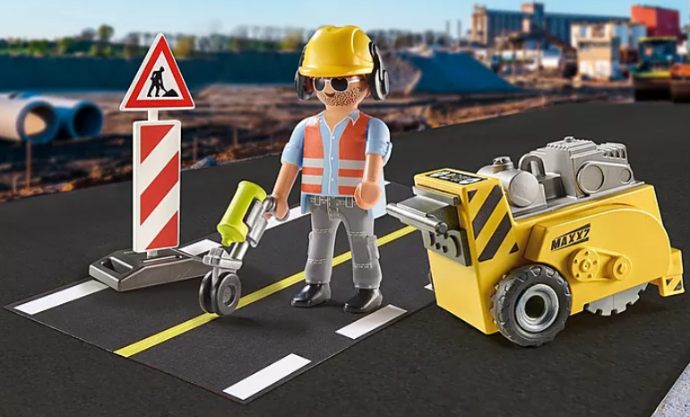 City Action | Construction Worker toy with mini figure, road pieces, edge cutter, track painter, and construction sign.