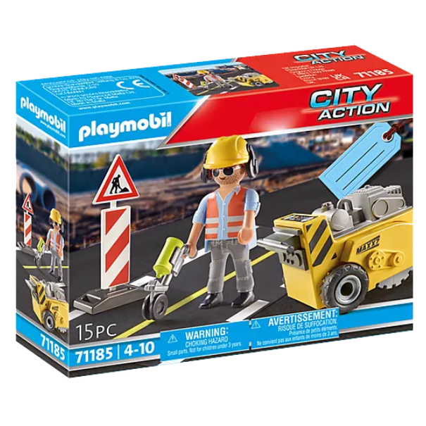 City Action | Construction Worker set with mini figure, road sections, construction tools, and warning signs for kids 4-10.