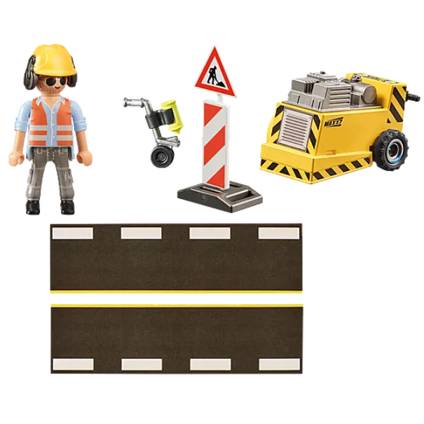 City Action | Construction Worker set with mini figure, road pieces, sign, edge cutter, and track painter toy accessories.