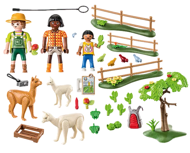 Country | Alpaca Walk Playmobil set with alpacas, figures, birds, tree, fence, and fun accessories for imaginative play.