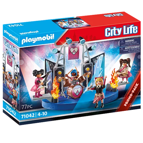 City Life | Music Band Playmobil set with 4 musicians, stage, guitars, drum set, microphone, and flames for ages 4-10.