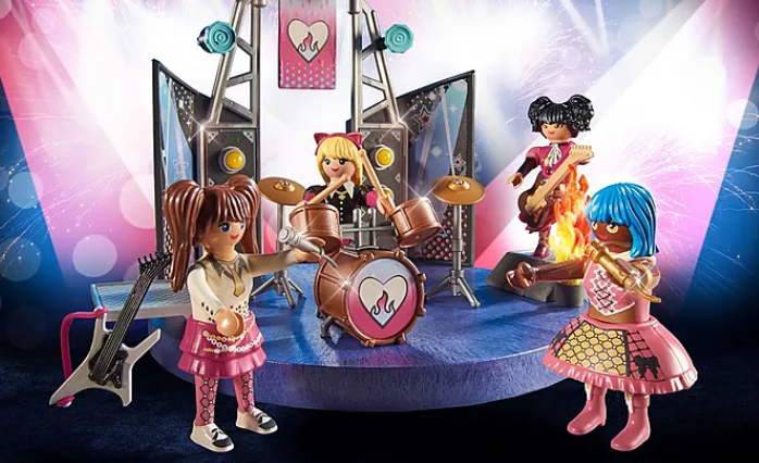 City Life | Music Band set with four musicians, stage, guitars, drum set, microphone, and flames in a lively concert scene.