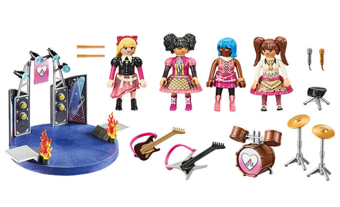 City Life | Music Band Playmobil set with 4 musicians, stage, guitars, drum set, microphones, and flames for ages 4 and up.