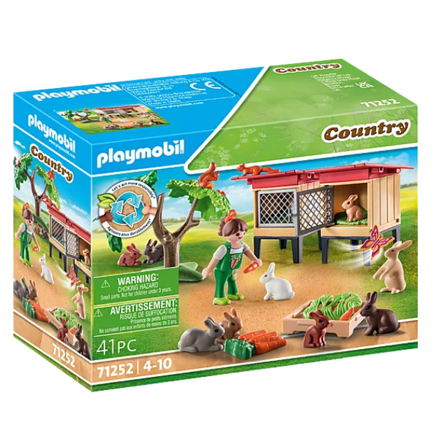 Country | Rabbit Enclosure with 9 rabbits, figure, carrot snacks, two hutches, and woodland animals for imaginative play.