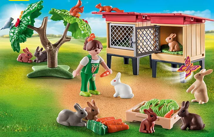 Country | Rabbit Enclosure with figure feeding rabbits near hutches, tree, and vegetable snacks in playset scene.