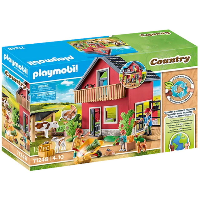 Country | Farmhouse with Outdoor Area Playmobil set featuring a red farmhouse, animals, and farm accessories for ages 4-10.