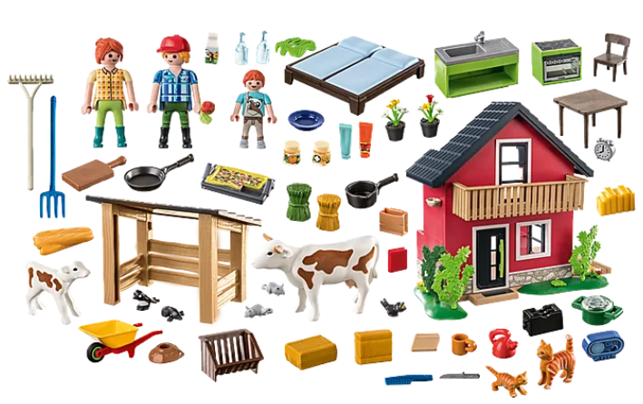 Country | Farmhouse with Outdoor Area Playmobil set featuring farmhouse, animals, figures, and farm accessories for imaginative play.