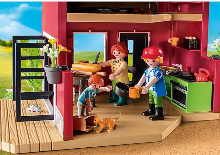 Country | Farmhouse with Outdoor Area playset showing figures, cat, kitchen, and farmhouse details for imaginative farm fun.