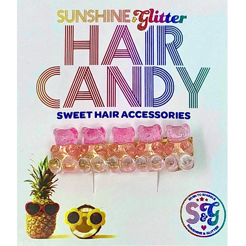 Hair Candy Gummy Bear Clip in assorted pastel colors displayed on sweet hair accessory packaging.
