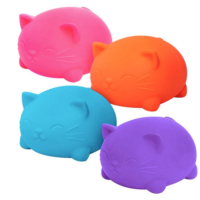Four colorful NeeDoh Super Cool Cat stress balls in pink, orange, blue, and purple for squeezing and fidgeting.