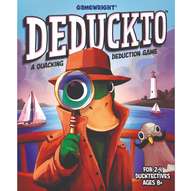 Deduckto cover shows a duck detective with magnifying glass by water and lighthouse, a deduction game for ages 8 and up.