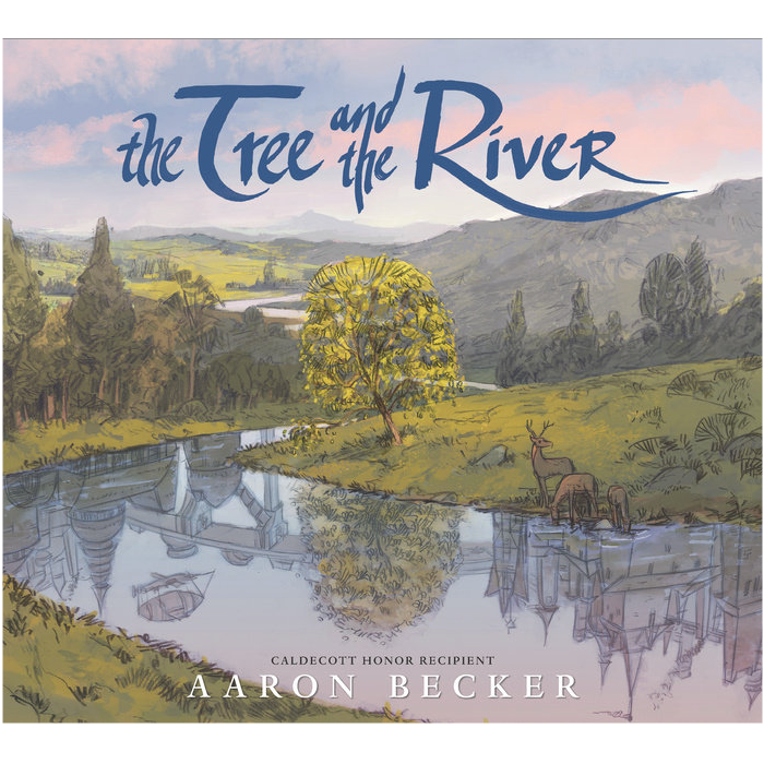 The Tree and the River book cover showing a yellow tree by a reflective river with distant hills and grazing deer.