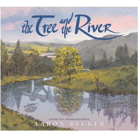 The Tree and the River book cover showing a yellow tree by a reflective river with distant hills and grazing deer.