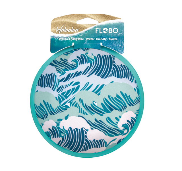 Waboba FLOBO Disc with blue wave design, a floating, water-friendly flying disc perfect for beach and water play.