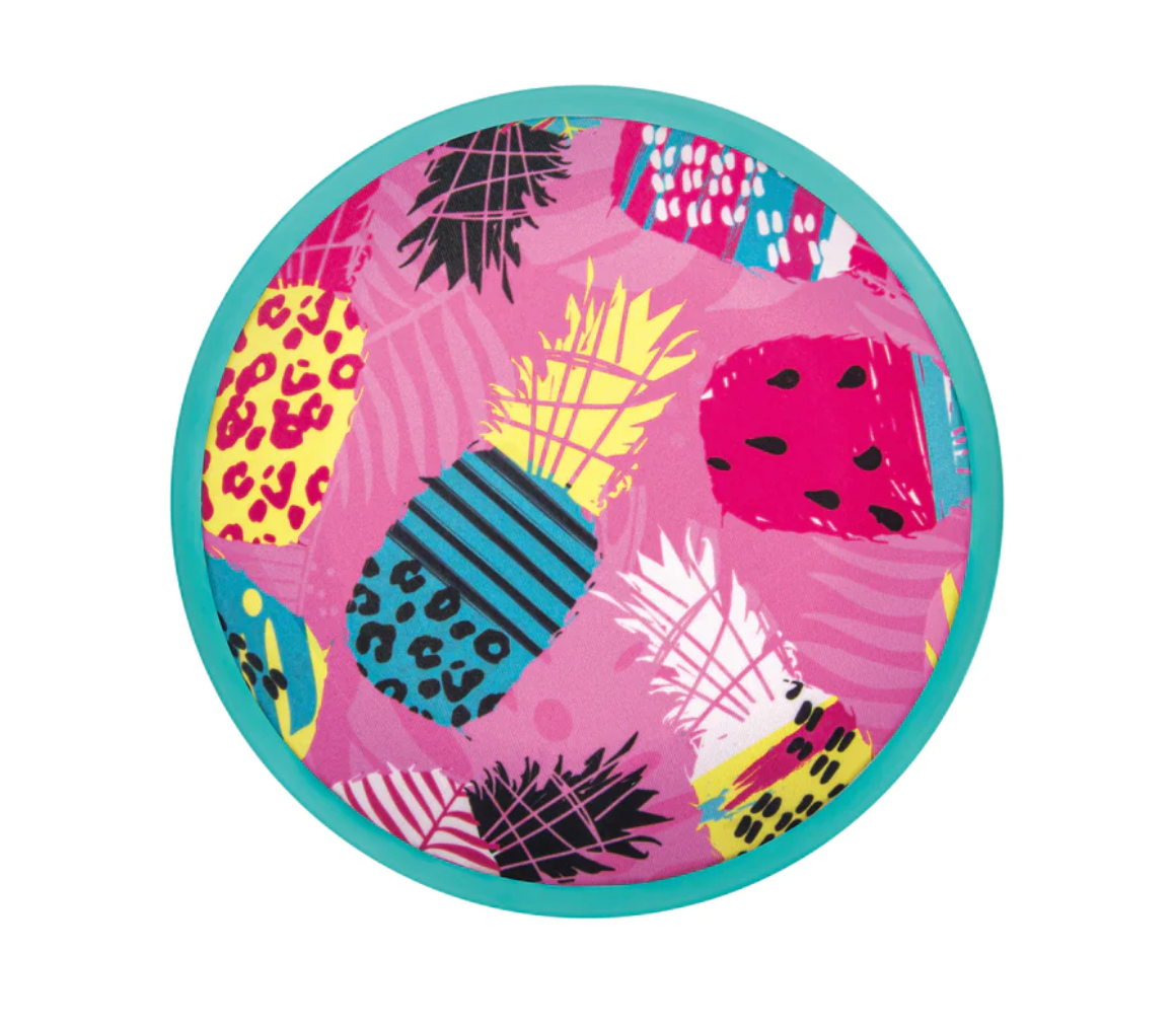 Waboba FLOBO Disc with colorful tropical fruit pattern and turquoise rim, designed for water play and floating.