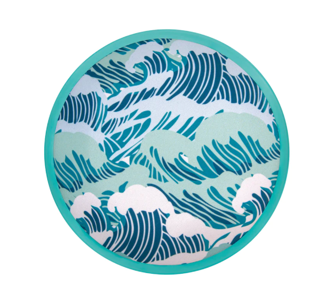Waboba FLOBO Disc with blue wave pattern, floating flying disc designed for water play and outdoor fun.