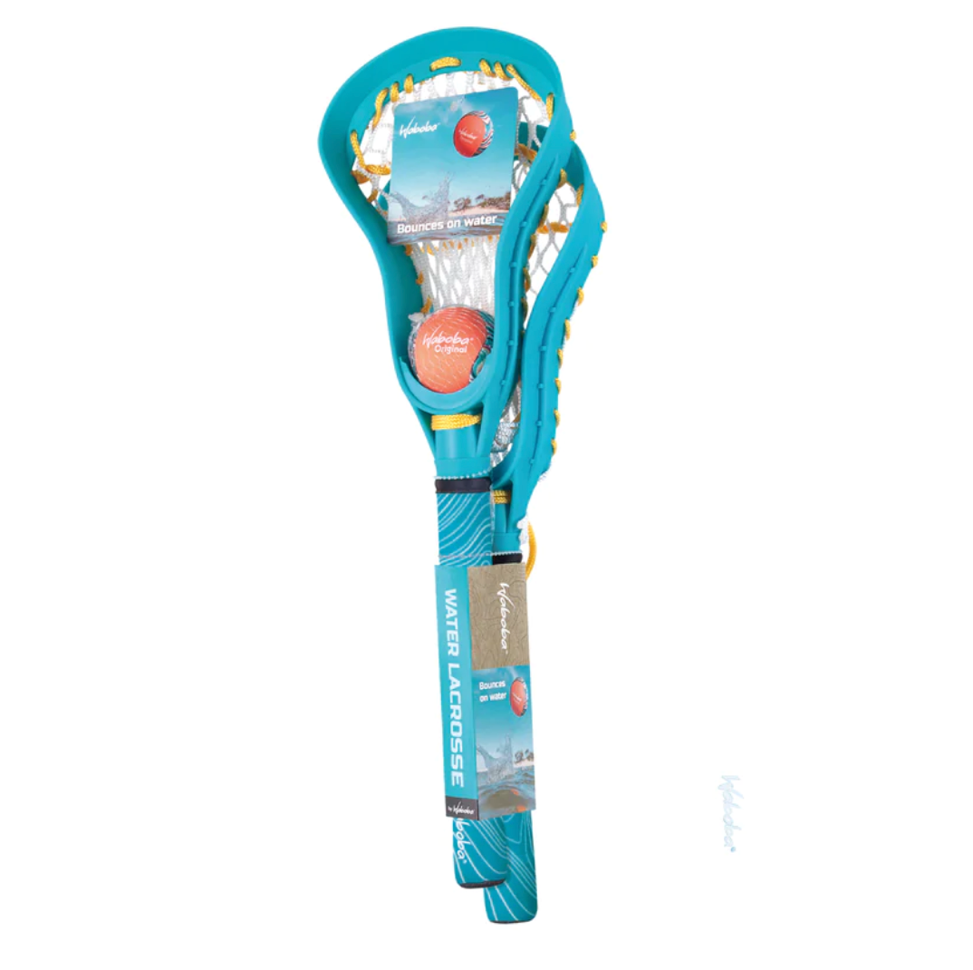 Waboba Mini Lacrosse Set with two turquoise sticks and an orange ball designed for water play with non-slip grip.