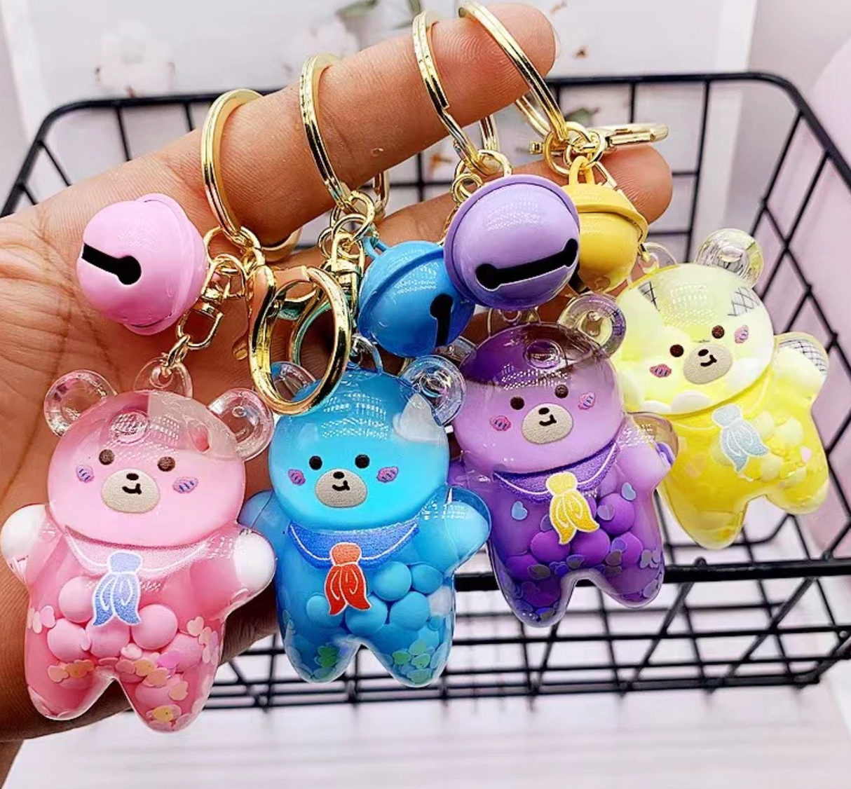Bear Floaty Charm Keychain with colorful bear design and bell, perfect for bags, keys, or backpacks.
