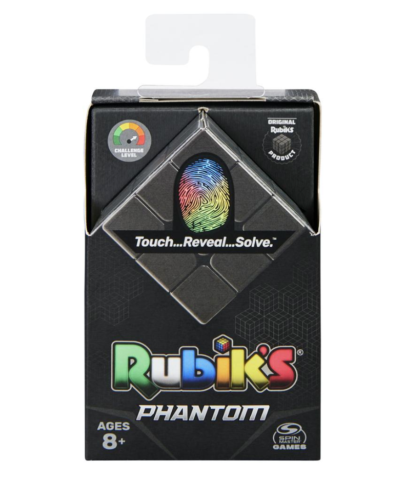 Rubiks Cube Phantom packaging showing black thermochromic puzzle cube with touch reveal colors and challenge level icon.
