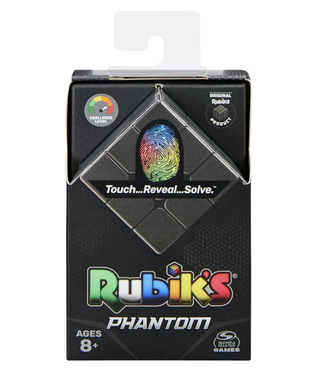 Rubiks Cube Phantom packaging showing black thermochromic puzzle cube with touch reveal colors and challenge level icon.