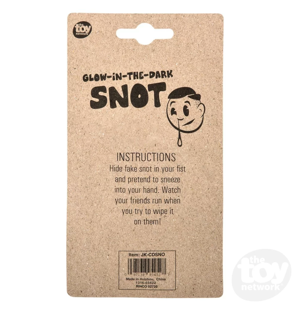 Glow in the Dark Snot packaging with instructions for using fake snot to prank friends, 3 pieces included.
