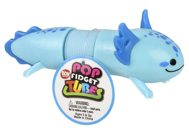 Axolotl Fidget Pop Tube in blue with flexible accordion design, perfect for fun sensory play and stress relief.