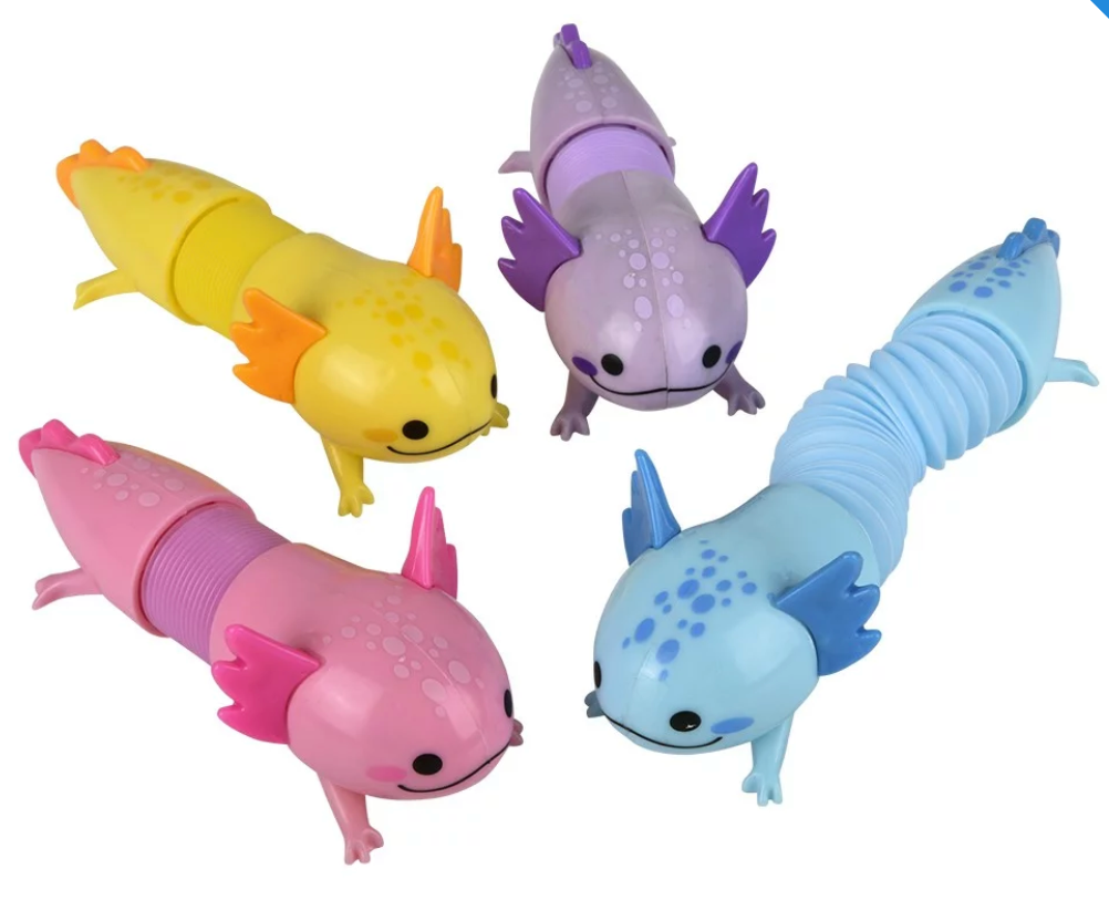 Axolotl Fidget Pop Tube in assorted colors, fun stretchy accordion toy for kids ages 3 and up.