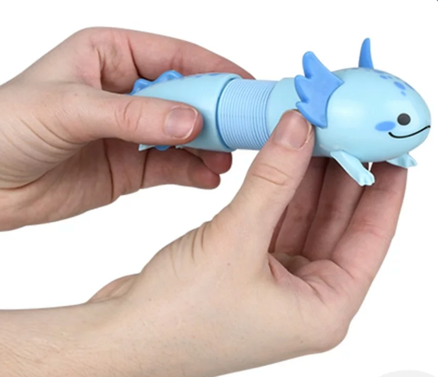Hands stretching a blue Axolotl Fidget Pop Tube that bends like an accordion for fun sensory play.