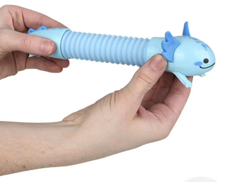 Hands stretching a blue Axolotl Fidget Pop Tube toy with accordion-like bend, designed for stress relief and fun.