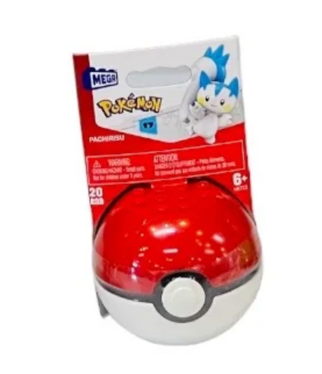 Mega Construx Pokemon Ball featuring buildable figure Pachirisu in display Poké Ball packaging for ages 6+