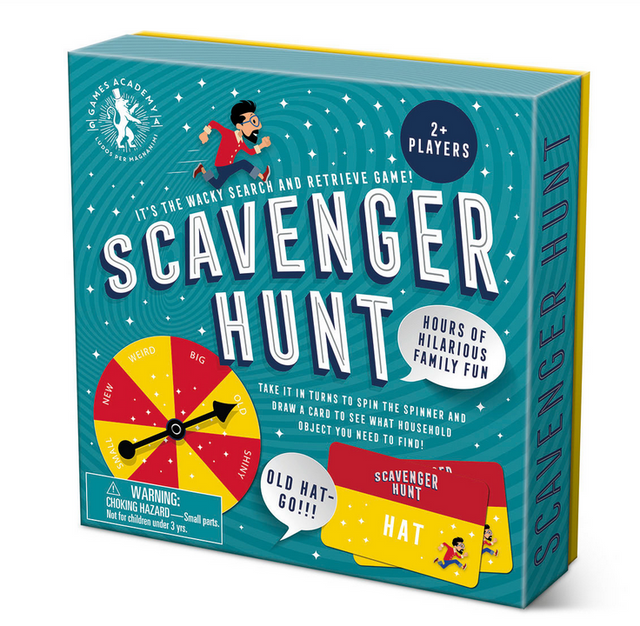 Scavenger Hunt game box with spinner and cards, perfect for family fun and household object search challenges.