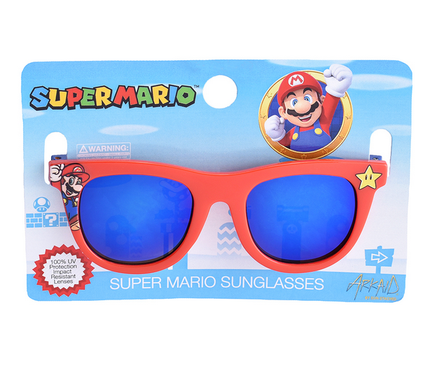 Arkaid Super Mario Sunglasses with red frame, blue lenses, and iconic Super Mario design on packaging and arms.