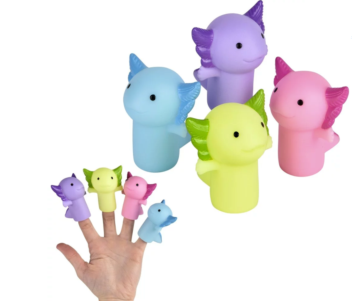 Axolotl Finger Puppet in assorted bright colors, perfect for storytelling and playful finger fun.